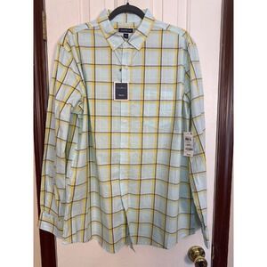 Club Room Stretch Poplin Shirt Plaid Long‎ Sleeve Button Down Blue Yellow L